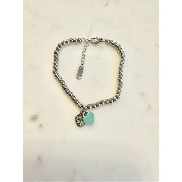 Aqua and silver color heart beaded bracelet - Picture 2 of 2